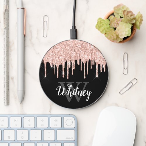 Rose Gold Pink Glitter Drip Monogram Name Wireless Charger