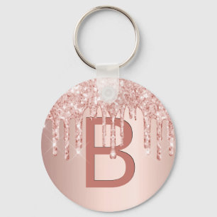 Rose gold pink glitter dripping sparkle monogram keychain