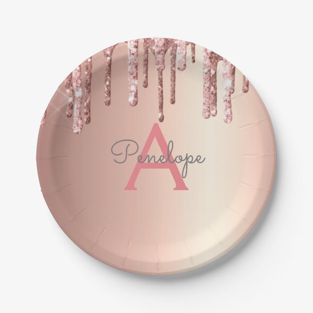 Rose Gold  Pink Glitter Drips and Sparkle Monogram Paper Plates (Front)