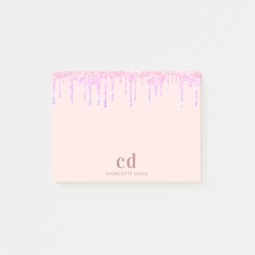 Rose gold pink glitter drips monogram initials post_it notes