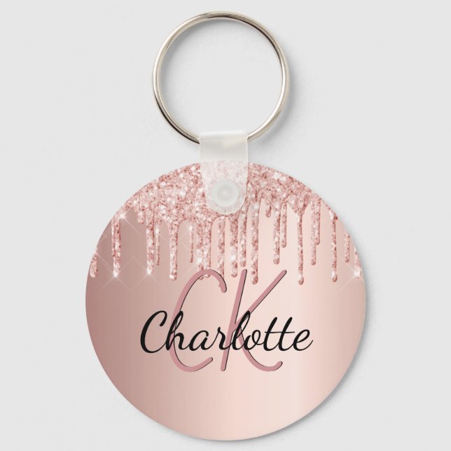Rose gold pink glitter drips monogram keychain (Front)