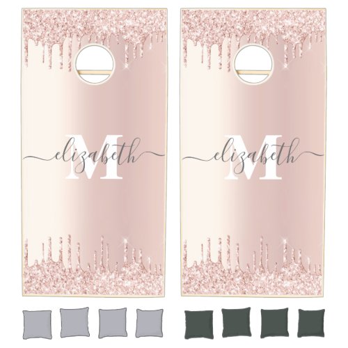 Rose Gold Pink Glitter Drips Monogram Script Name Cornhole Set