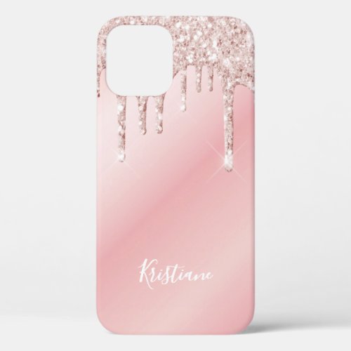 Rose gold pink glitter drips name iPhone 12 case