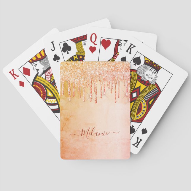 Rose gold pink glitter drips name poker cards (Back)