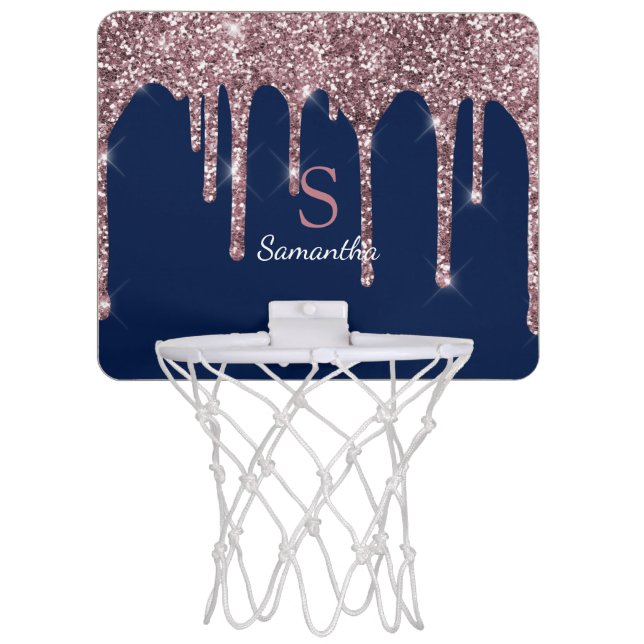 Rose Gold Pink Glitter Drips Navy Monogram Name Mini Basketball Hoop (Front)
