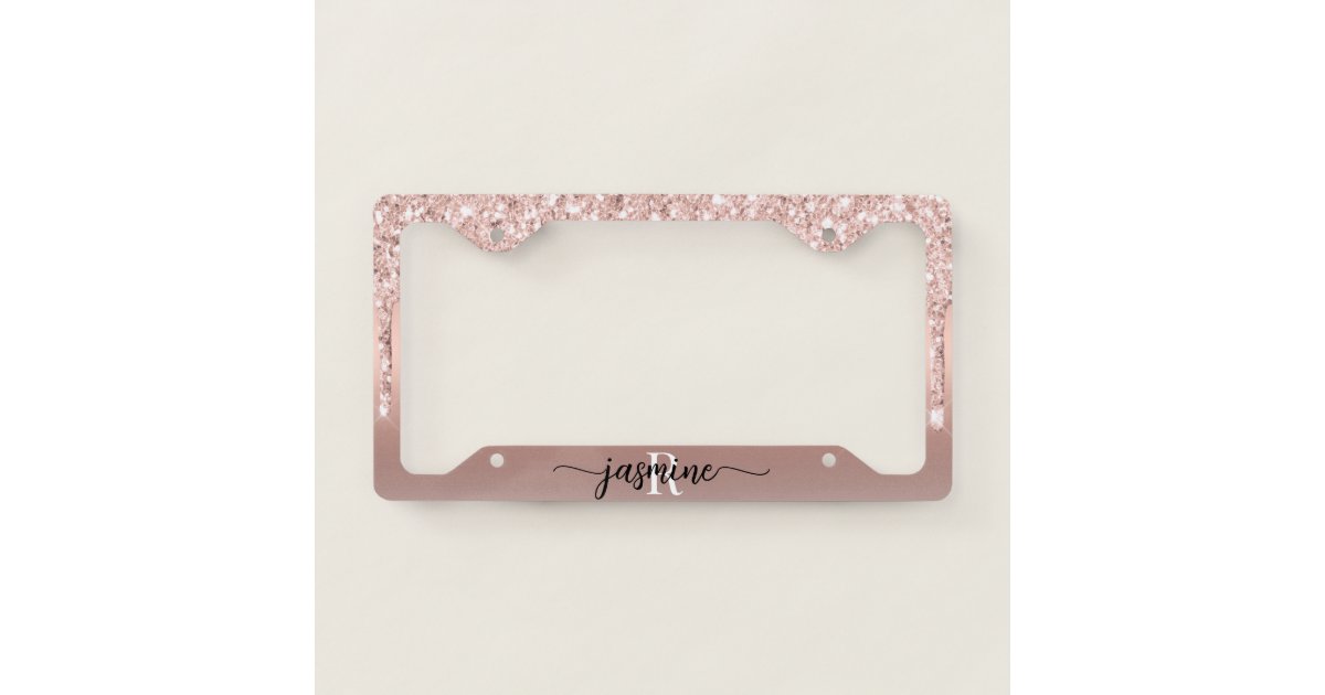 Pink License Frame Rose Gold Pink Glitter Drips Ombre Monogrammed License Plate Frame | Zazzle