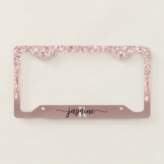 Rose Gold Pink Glitter Drips Ombre Monogrammed License Plate Frame (Front)