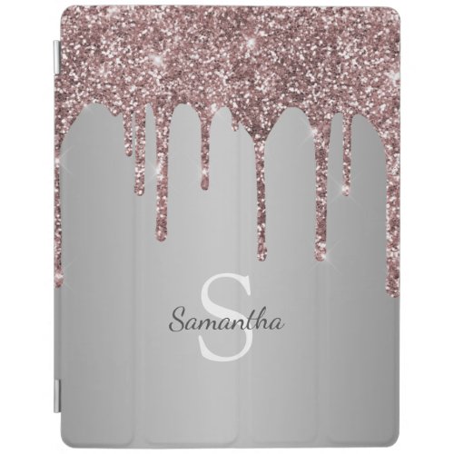Rose Gold Pink Glitter Drips Silver Monogram Name iPad Smart Cover