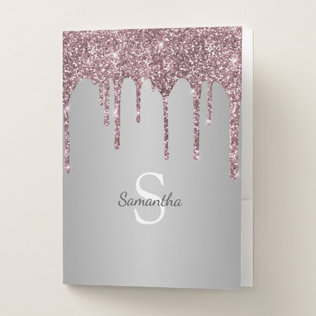 Rose Gold Pink Glitter Drips Silver Monogram Name Pocket Folder (Front)