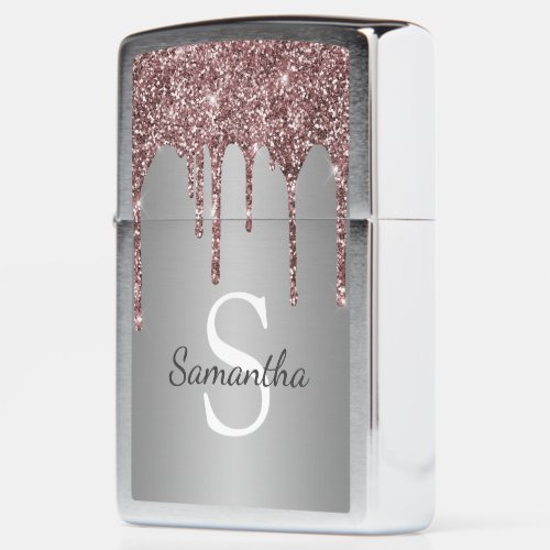 Rose Gold Pink Glitter Drips Silver Monogram Name Zippo Lighter