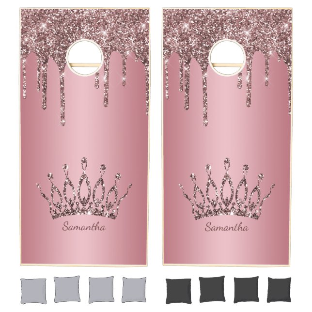 Rose Gold Pink Glitter Drips Sparkle Crown Name Cornhole Set (Set)
