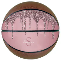 Rose Gold Pink Glitter Drips Sparkle Monogram Name Basketball Zazzle