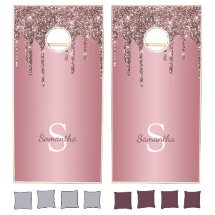 Rose Gold Pink Glitter Drips Sparkle Monogram Name Cornhole Set
