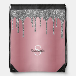 Rose Gold Pink Glitter Drips Sparkle Monogram Name Drawstring Bag