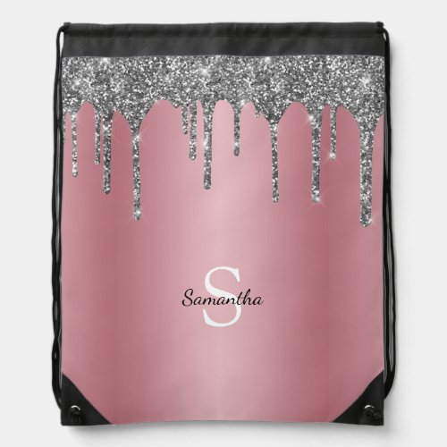 Rose Gold Pink Glitter Drips Sparkle Monogram Name Drawstring Bag