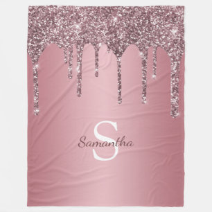 Rose Gold Pink Glitter Drips Sparkle Monogram Name Fleece Blanket
