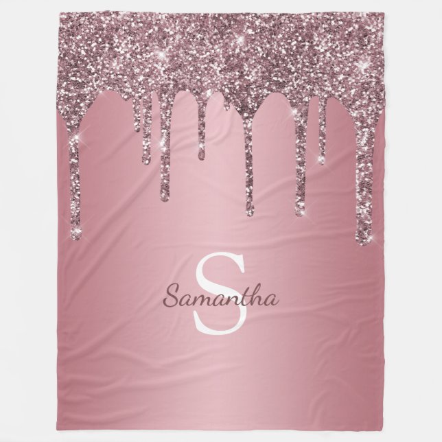 Rose Gold Pink Glitter Drips Sparkle Monogram Name Fleece Blanket (Front)