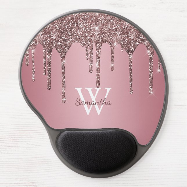 Rose Gold Pink Glitter Drips Sparkle Monogram Name Gel Mouse Pad (Front)