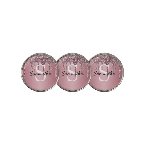 Rose Gold Pink Glitter Drips Sparkle Monogram Name Golf Ball Marker