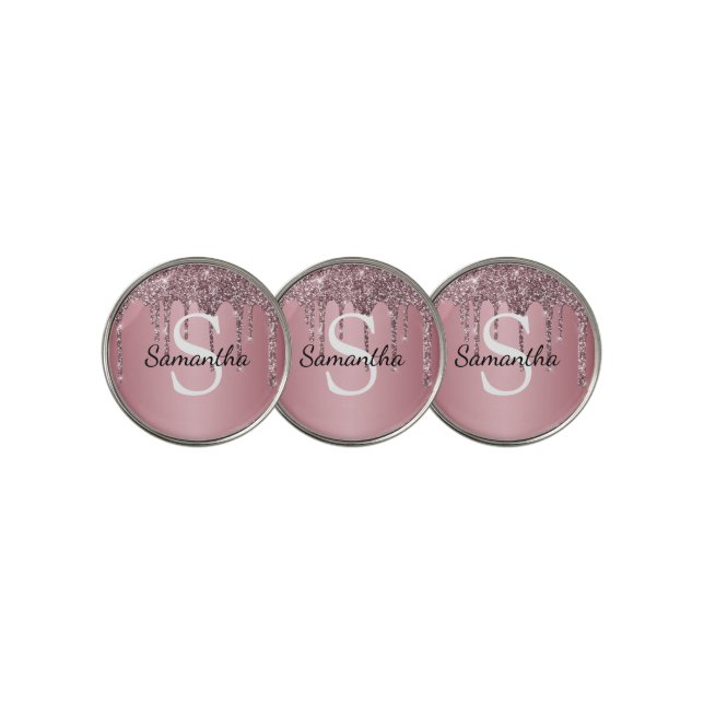 Rose Gold Pink Glitter Drips Sparkle Monogram Name Golf Ball Marker (3 Up)
