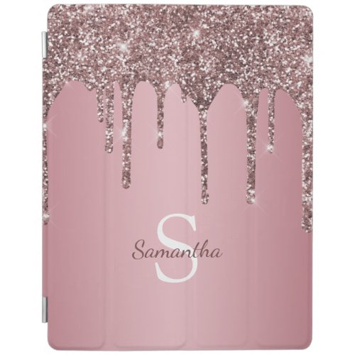 Rose Gold Pink Glitter Drips Sparkle Monogram Name iPad Smart Cover
