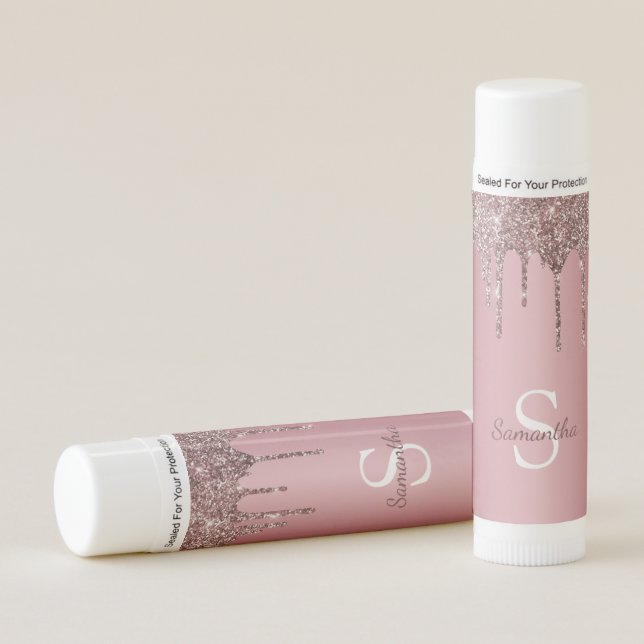 Rose Gold Pink Glitter Drips Sparkle Monogram Name Lip Balm (Front)