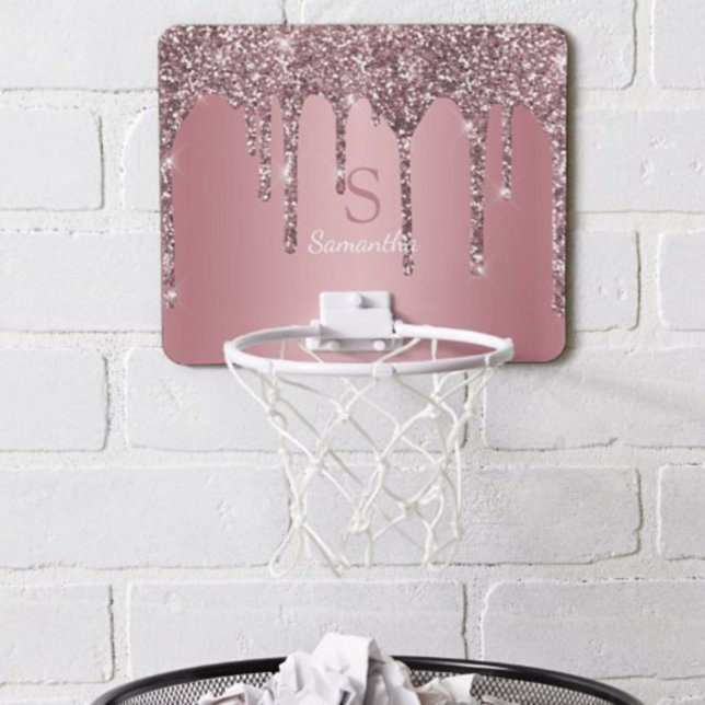 Rose Gold Pink Glitter Drips Sparkle Monogram Name Mini Basketball Hoop (Creator Uploaded)