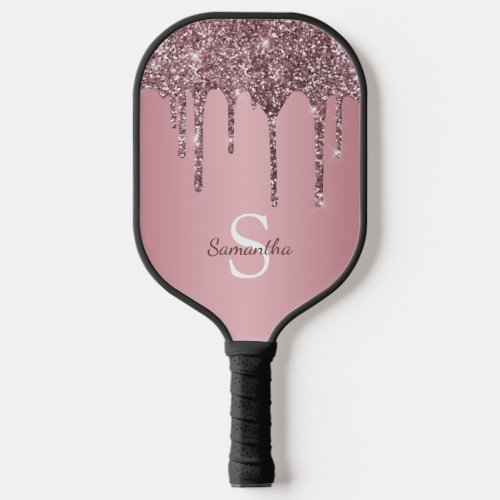 Rose Gold Pink Glitter Drips Sparkle Monogram Name Pickleball Paddle