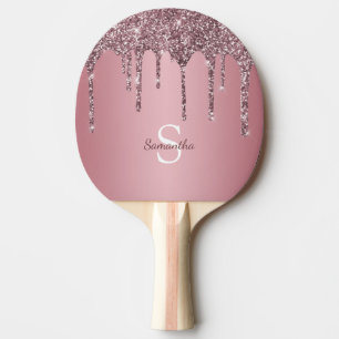 Rose Gold Pink Glitter Drips Sparkle Monogram Name Ping Pong Paddle