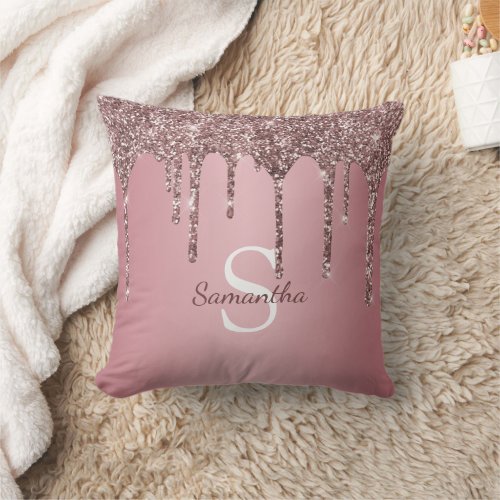 Rose Gold Pink Glitter Drips Sparkle Monogram Name Throw Pillow