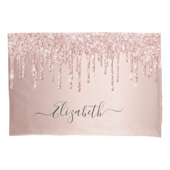 Rose gold pink glitter drips sparkle name pillow case (Front)