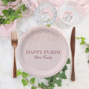 Rose Gold Pink Glitter Dust Hebrew Purim Sameach Paper Plates