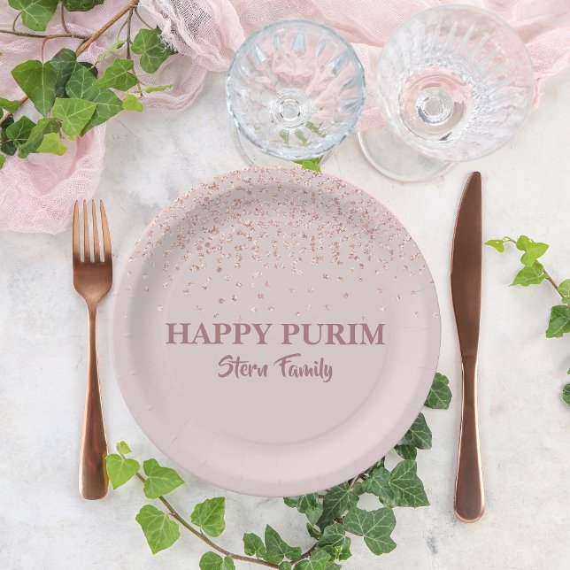 Rose Gold Pink Glitter Dust Hebrew Purim Sameach Paper Plates (Creator Uploaded)