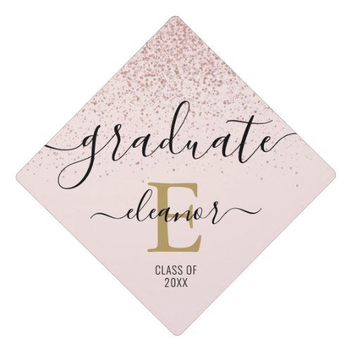 Rose Gold Pink Glitter Elegant Gold Monogram Name Graduation Cap Topper