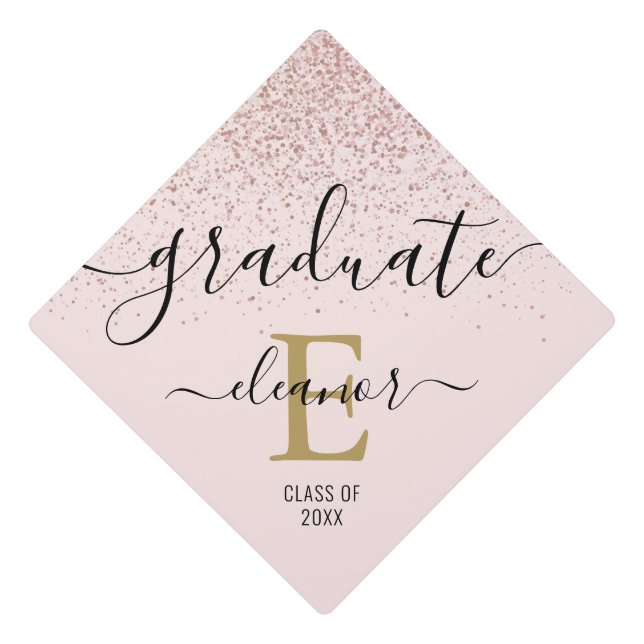Rose Gold Pink Glitter Elegant Gold Monogram Name Graduation Cap Topper (Front)