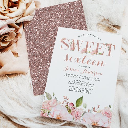 Rose Gold Pink Glitter Floral Sweet Sixteen Invitation