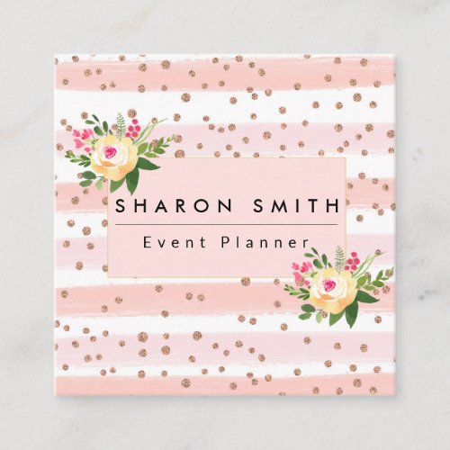 Rose Gold Pink Glitter Flowers Chic Floral Square Business Card