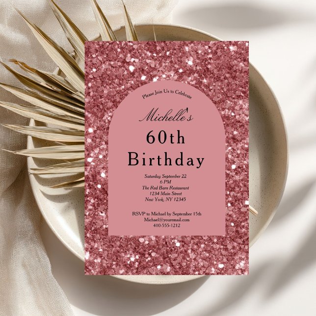 Rose Gold Pink Glitter Glam Bling 60th Birthday Invitation (Rose Gold Pink Glitter 60th Birthday invitation for her. Glam Bling Sparkle. Printed or Digital)
