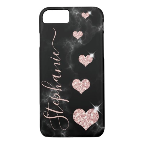 Rose Gold Pink Glitter Hearts Glam Black Marble iPhone 87 Case