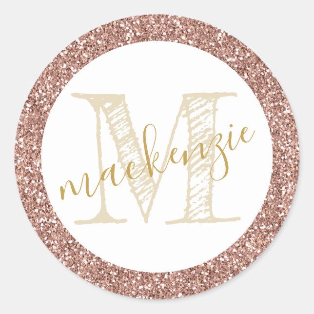 Rose Gold Pink Glitter Initial Favor Sticker Label (Front)