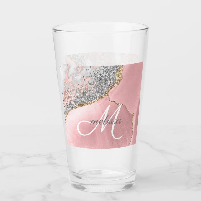 Rose Gold Pink Glitter Marble Monogram Name Script Glass (Front)