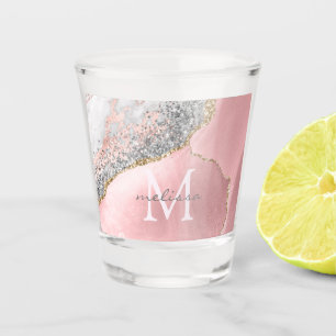 Rose Gold Pink Glitter Marble Monogram Name Shot Glass