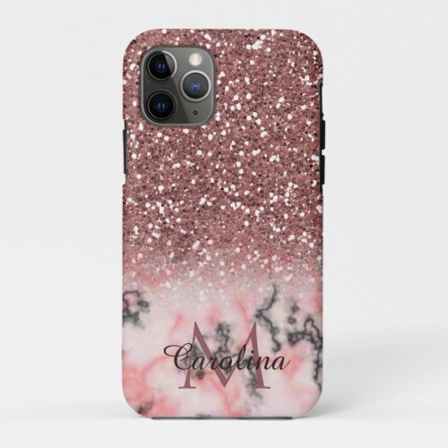 Rose Gold Pink Glitter Marble Personalized iPhone 11 Pro Case