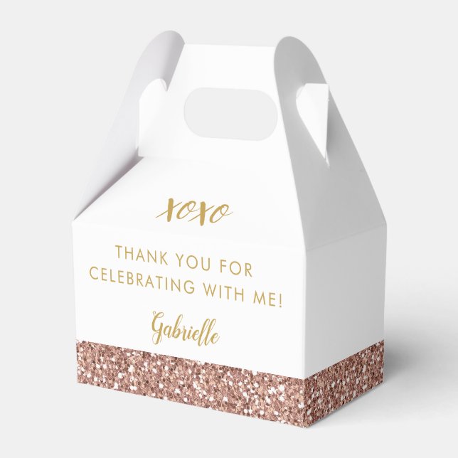Rose Gold Pink Glitter Modern Birthday Mitzvah Favor Boxes (Front Side)
