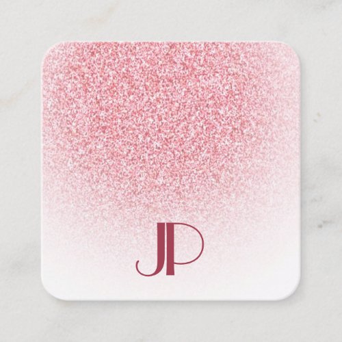 Rose Gold Pink Glitter Modern Elegant Monogram Square Business Card