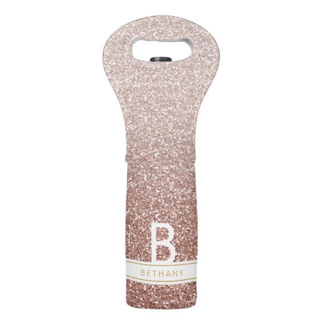 Rose Gold Pink Glitter Modern Monogram Wine Bag (Back)