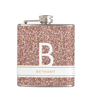 Rose Gold Pink Glitter Monogram Bridal Party Flask