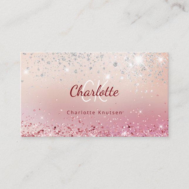Rose gold pink glitter monogram initials  business card (Front)