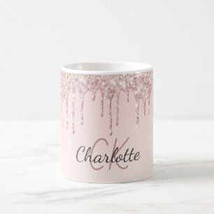 Rose gold pink glitter monogram initials luxury coffee mug
