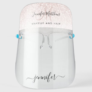 Rose Gold Pink Glitter Monogram Logo Hair Salon Face Shield